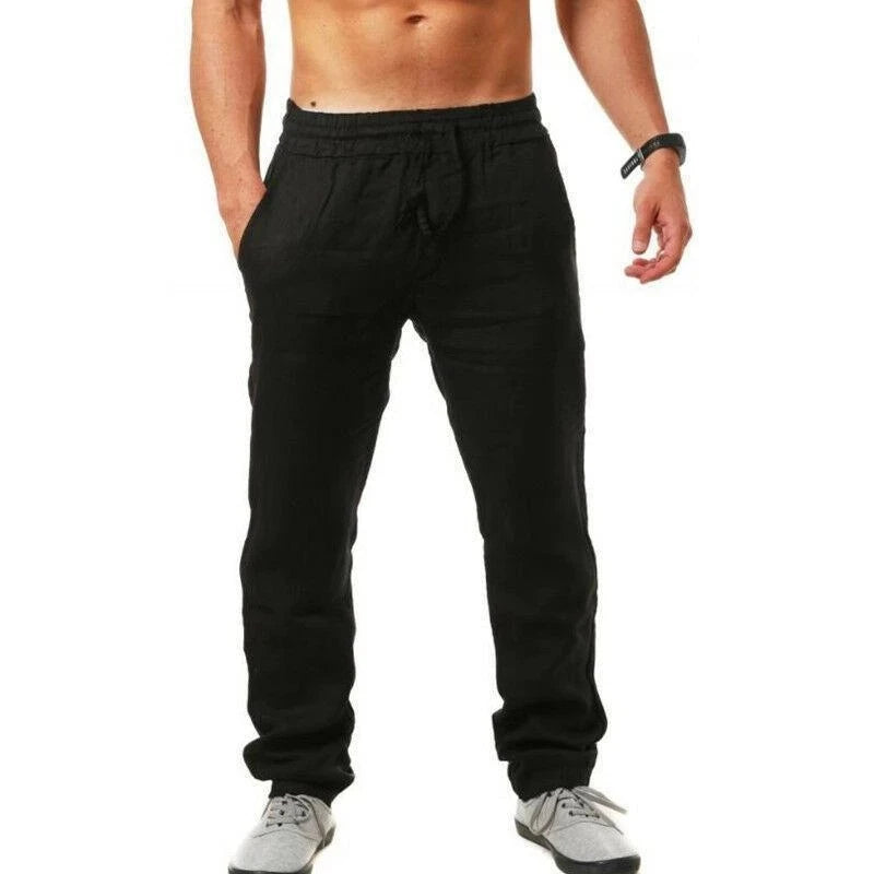 Men's Casual Long Pants Summer Loose Breathable Beach Pants Solid Color Drawstring Elastic Waist Male Trousers