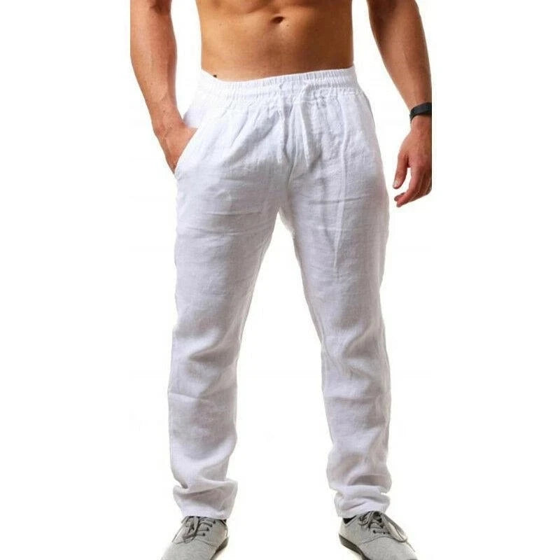 Men's Casual Long Pants Summer Loose Breathable Beach Pants Solid Color Drawstring Elastic Waist Male Trousers