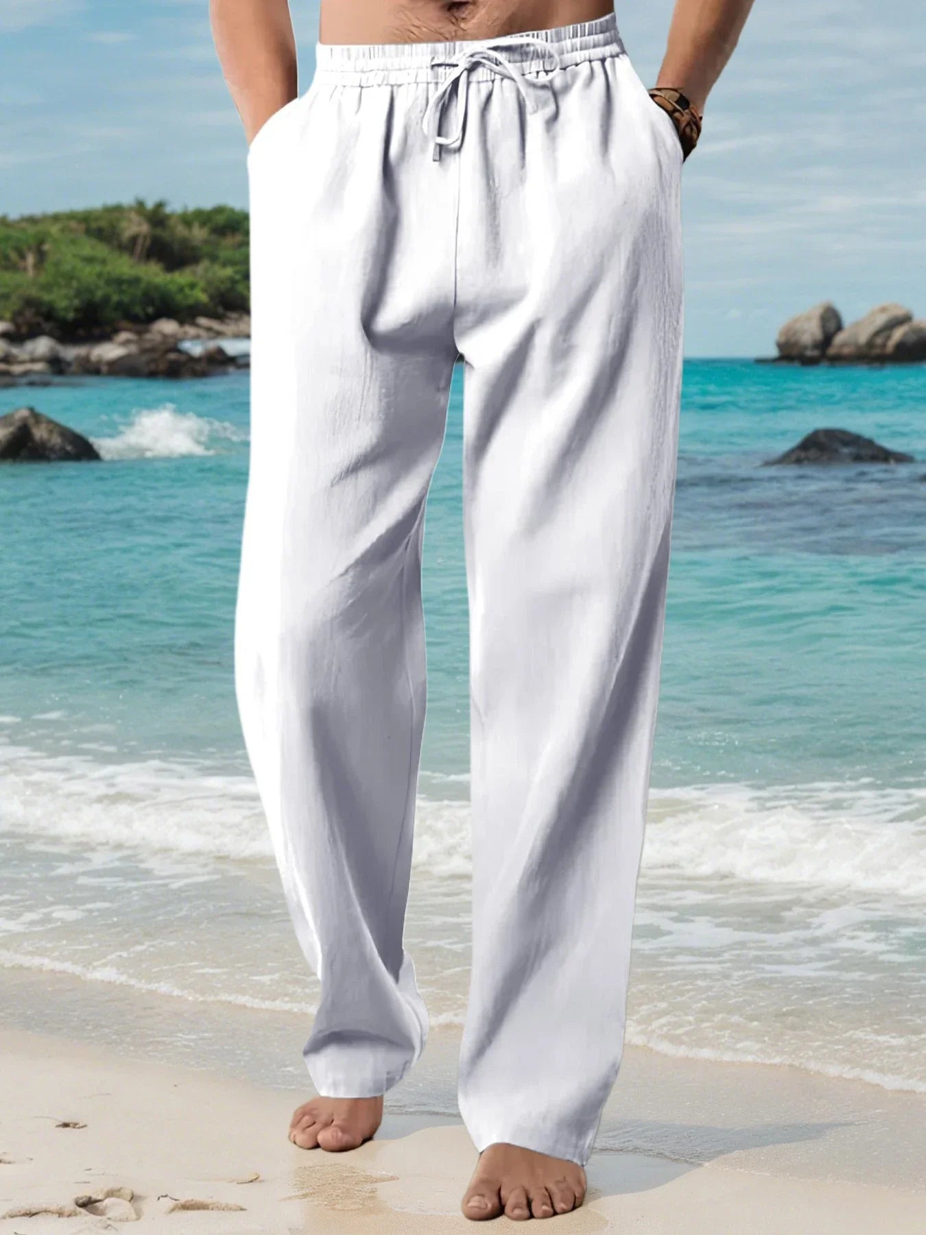 Men's Casual Long Pants Summer Loose Breathable Beach Pants Solid Color Drawstring Elastic Waist Male Trousers