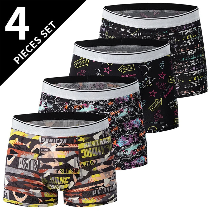 4 Pack European and American Size MEN'S FASHION Printed Boxer Underwear Comfortable Swimming Trunks Oversized Underwear Shorts